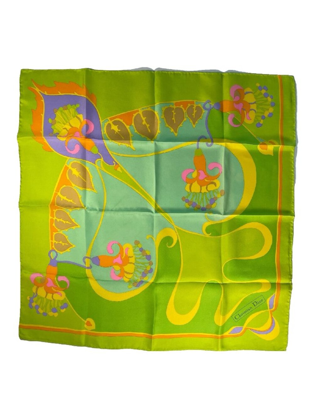 Christian Dior Vintage Silk Scarf Green Abstract Floral Rolled Hem 29”